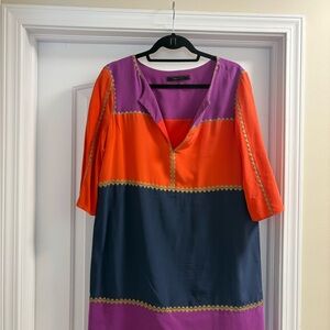 BCBG Colorblock Mini Dress — Orange, Purple & Navy with Gold Trim